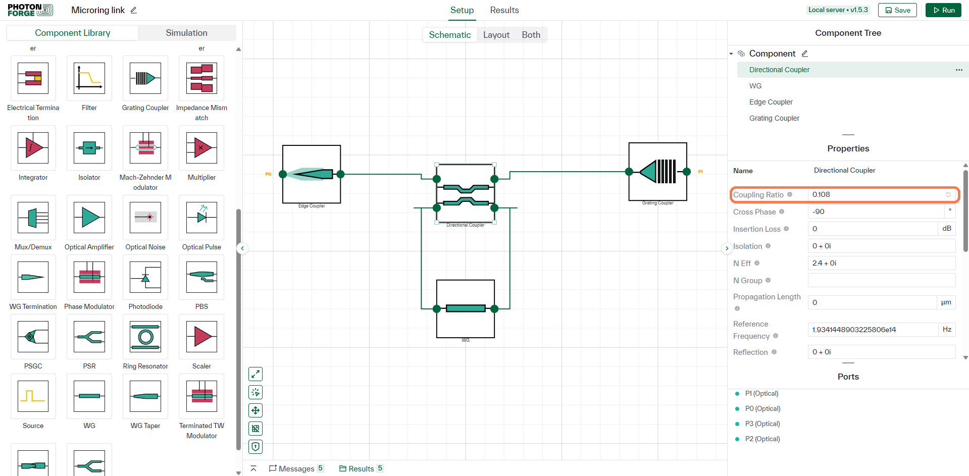 Directional coupler properties with Coupling Ratio 0.108