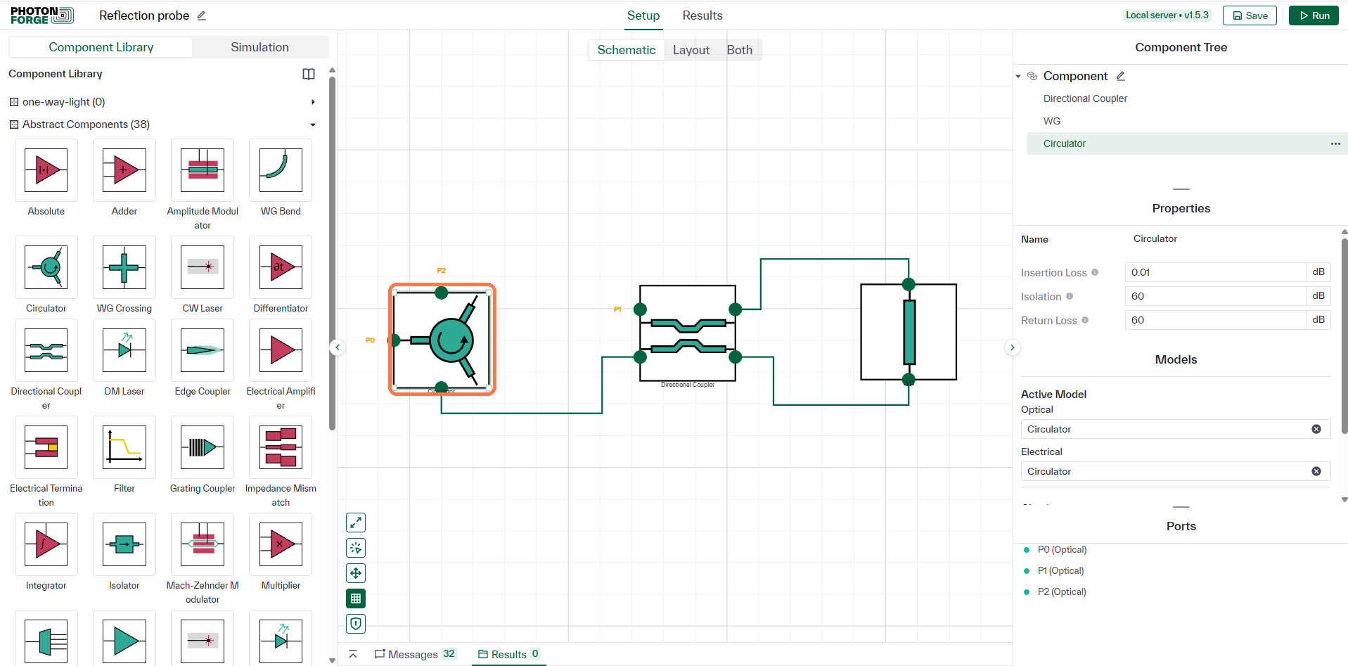 Circulator routing light to the loop mirror and the reflection out to port 2