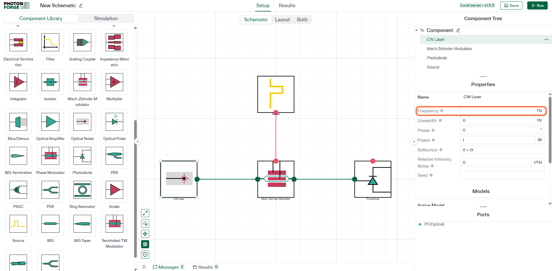 Optical link schematic with the CW Laser properties and its blank Frequency field highlighted