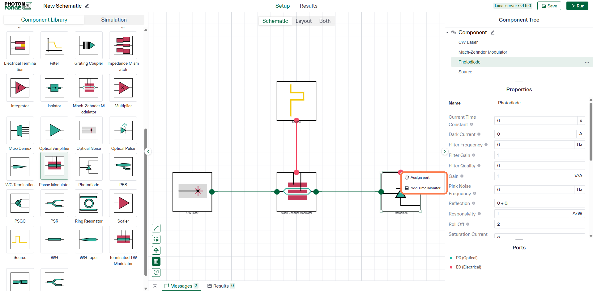 Right-click menu on the photodiode output with Assign port highlighted