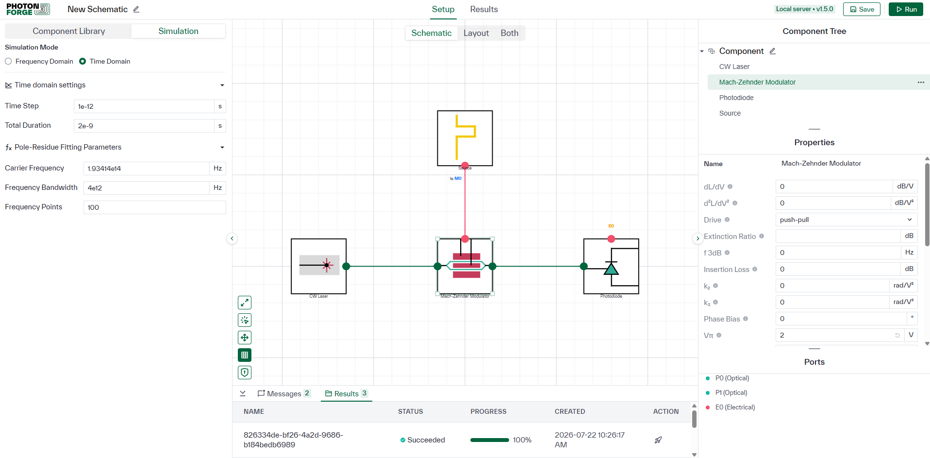 Time domain job succeeded in the results panel