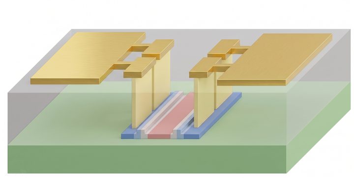 3D render of a modulator with electrodes, vias, and doped waveguide