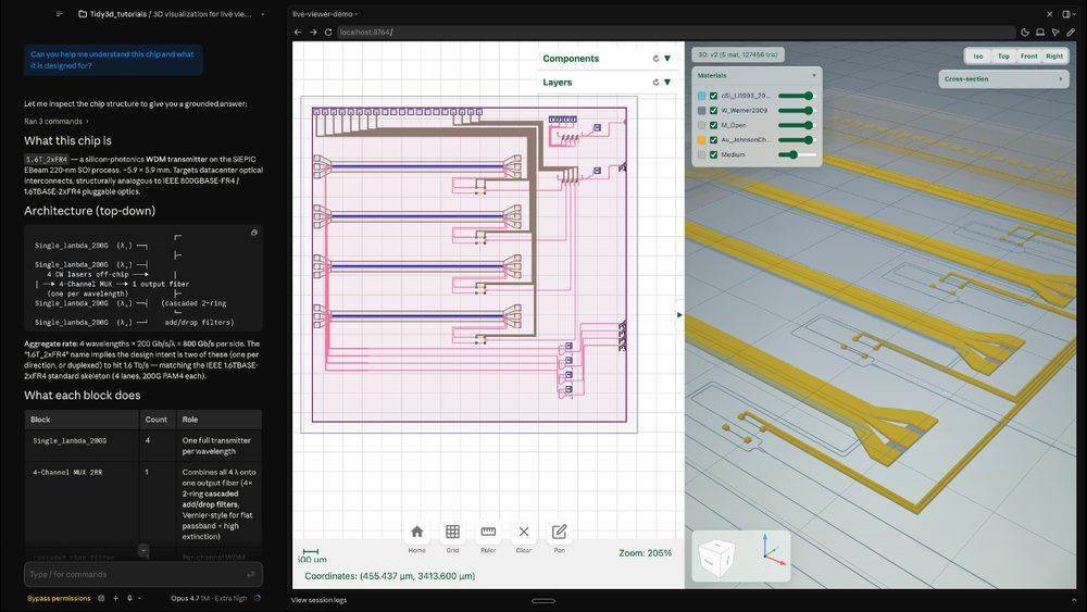 An AI agent inspecting a WDM transmitter chip: chat on the left, layout and 3D views on the right