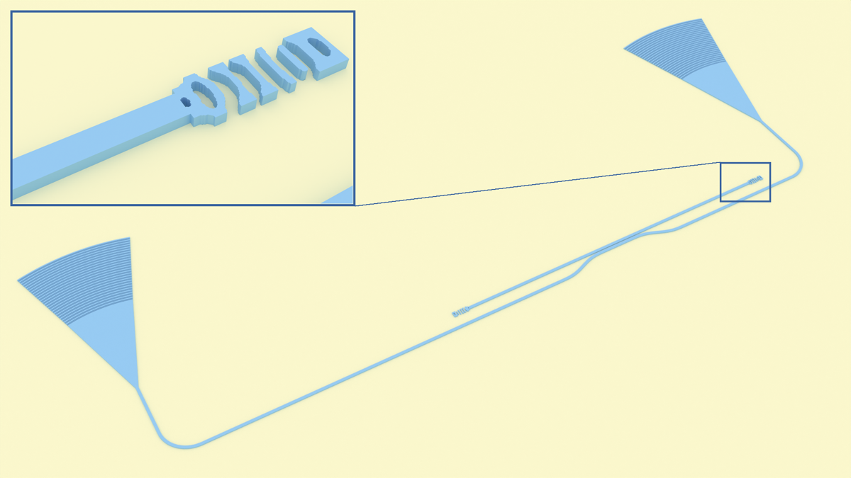 Rendering of the fabrication-ready chip with a zoom of the inverse designed reflector